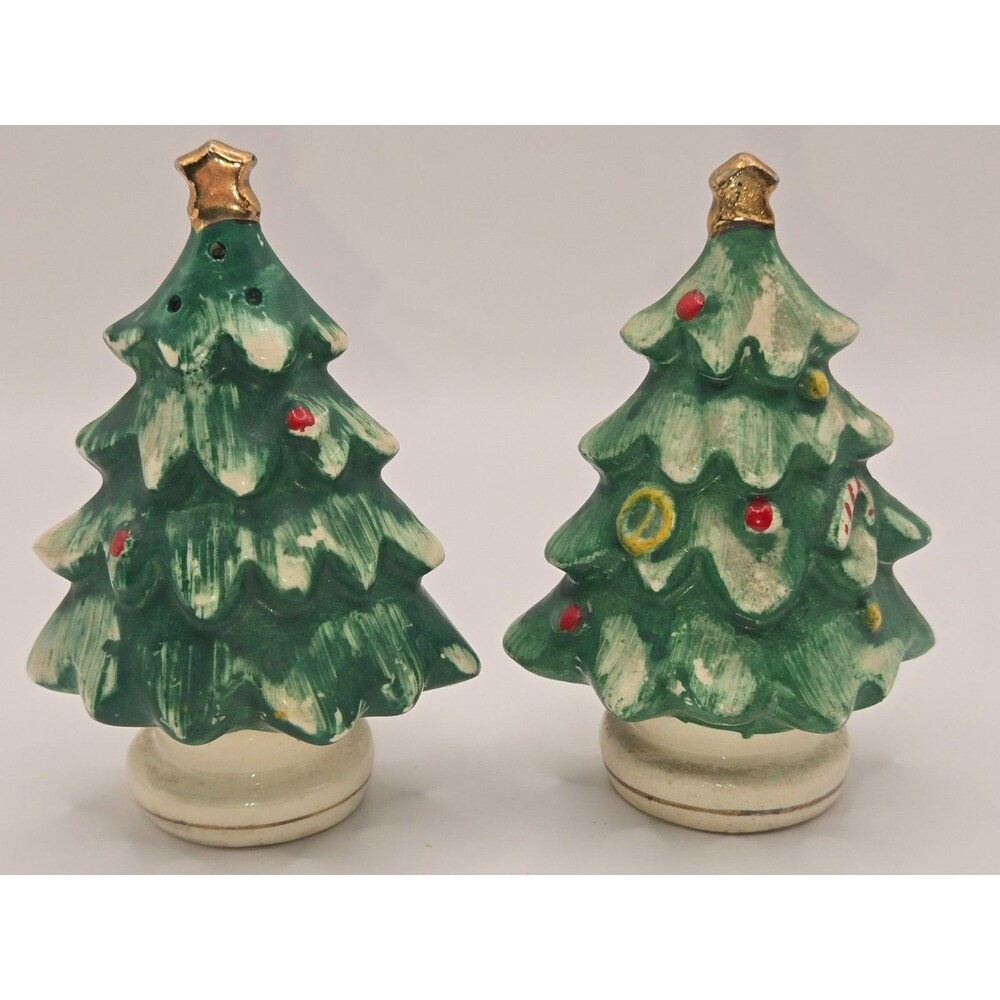 Vintage 1950s Lipper & Mann Christmas Tree Salt & Pepper Shakers Japan Foil Labe